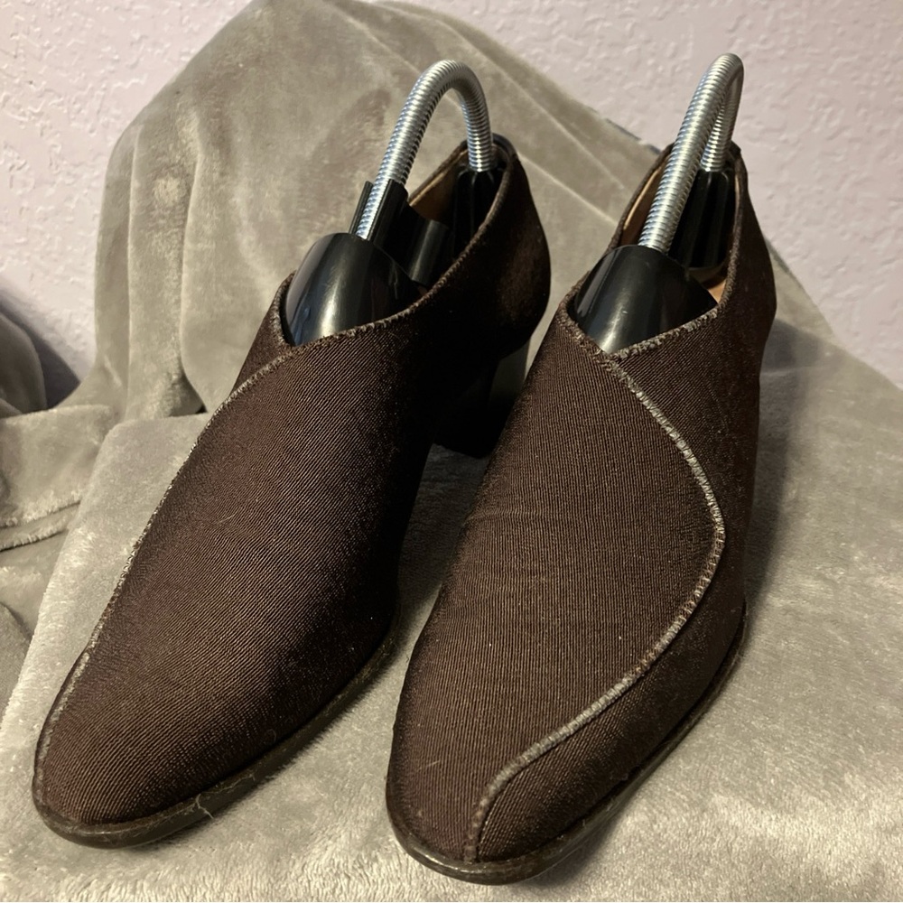 PREVATA Shoes Chocolate Brn Stretch Flare Fabric Leather Block Heels  Italy 9.5B